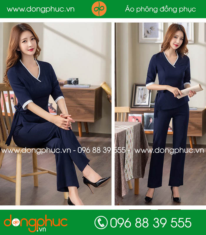 đồng phục spa màu tím than viền trắng